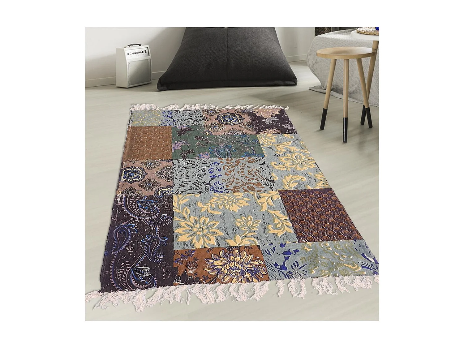 Tapis kilim 70x110 rectangle fait à la main en coton bleu BLUE FLOREA