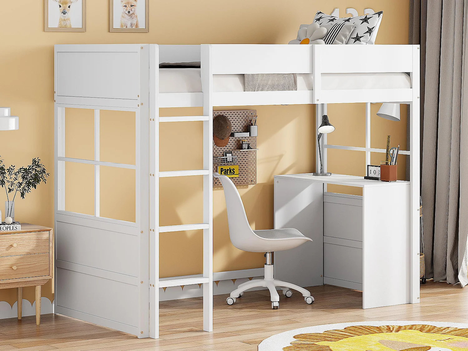 Cama alta 90x200cm - com secretária e barreiras de segurança - Branca