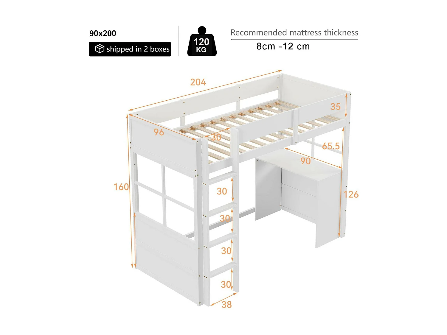 Cama alta 90x200cm - com secretária e barreiras de segurança - Branca