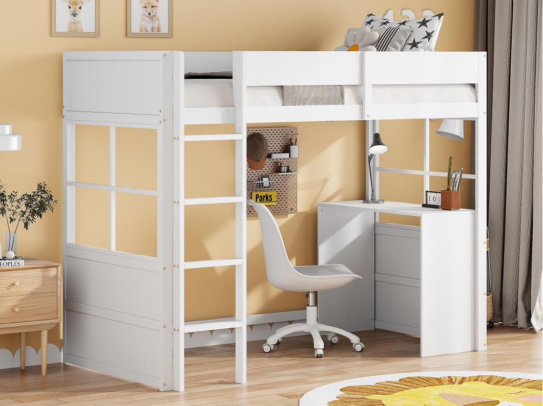 Hoogslaper 90x200cm - met bureau en veiligheidsbarrières - Wit