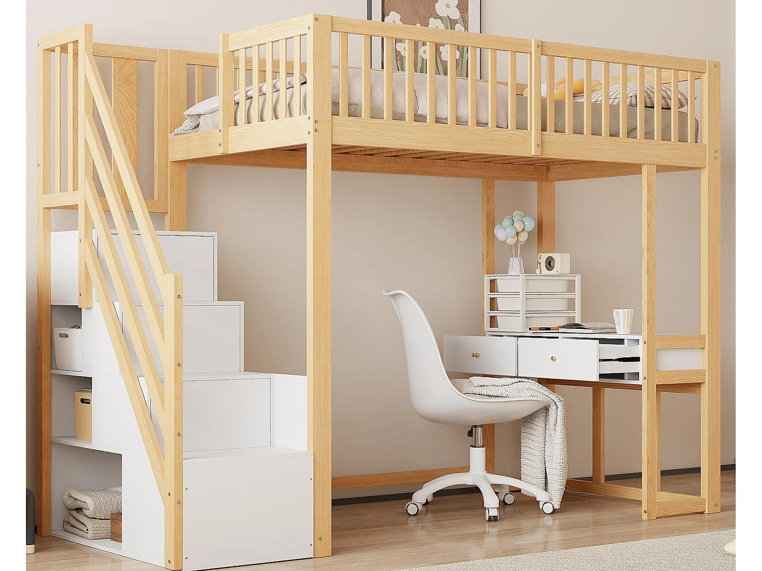 Łóżko mezzanine 90x200cm z drewna - z biurkiem i schodami do przechowywania - Naturalne i Białe