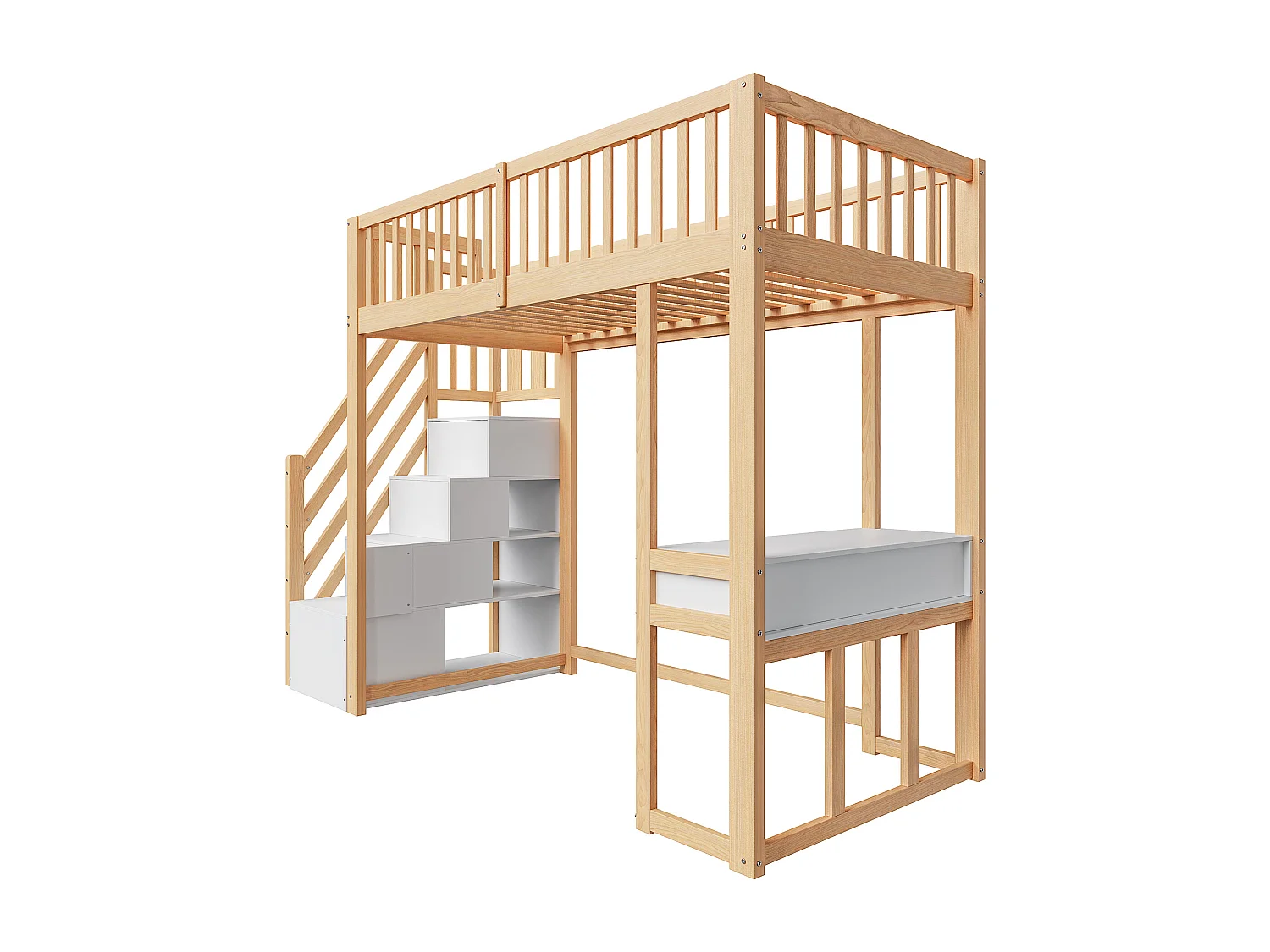 Łóżko mezzanine 90x200cm z drewna - z biurkiem i schodami do przechowywania - Naturalne i Białe