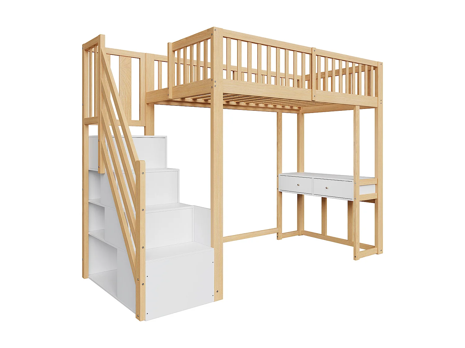 Łóżko mezzanine 90x200cm z drewna - z biurkiem i schodami do przechowywania - Naturalne i Białe