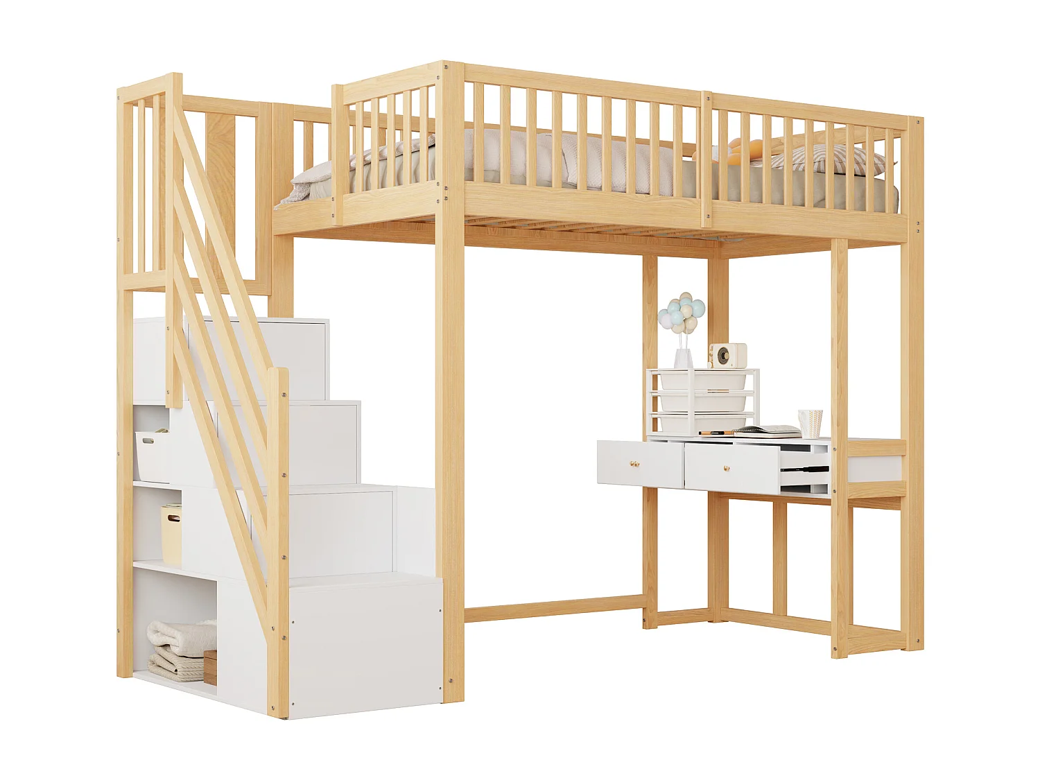 Łóżko mezzanine 90x200cm z drewna - z biurkiem i schodami do przechowywania - Naturalne i Białe