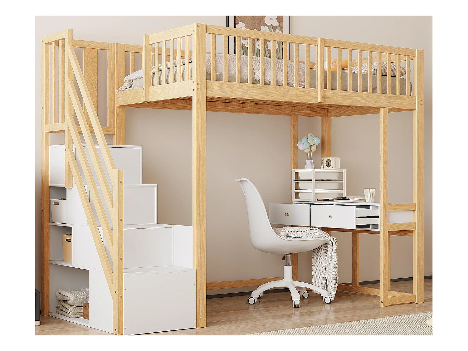 Lit mezzanine 90x200cm en bois - avec table et escalier de rangement - Naturel & Blanc