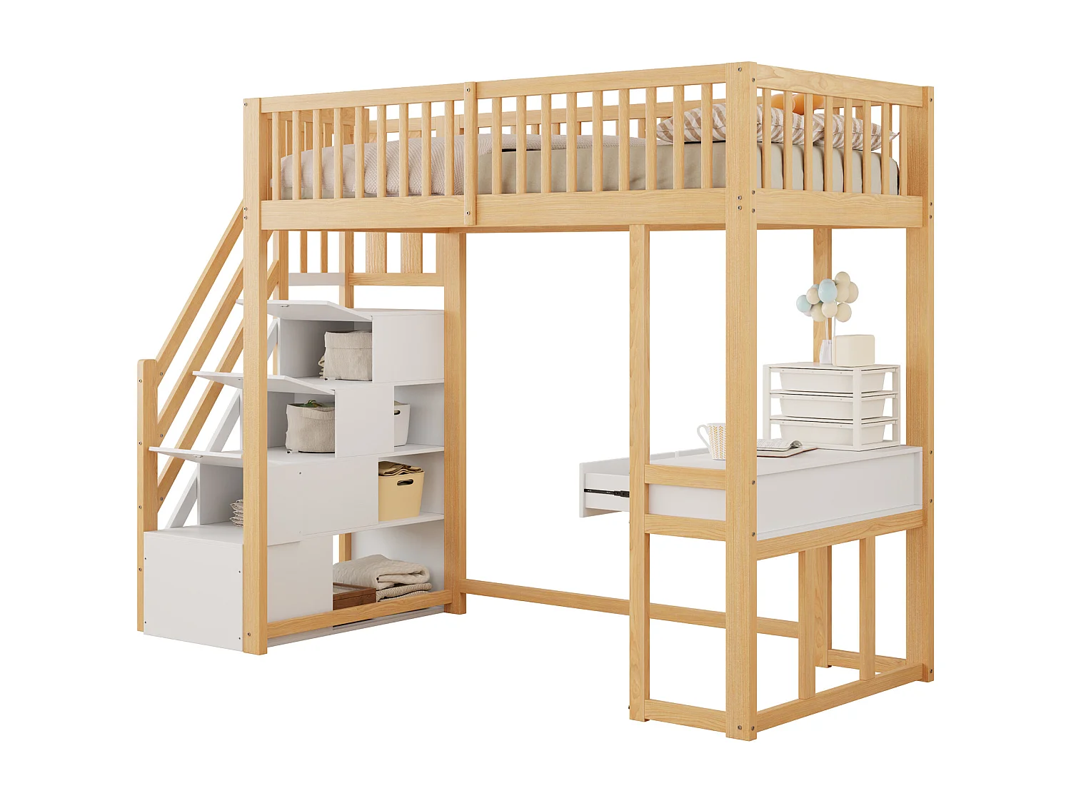 Houten tussenbed 90x200cm - met tafel en opbergtrap - Naturel & Wit