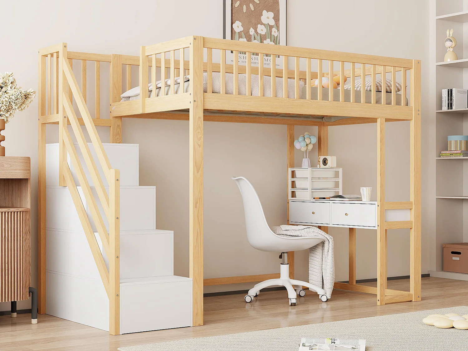 Houten tussenbed 90x200cm - met tafel en opbergtrap - Naturel & Wit