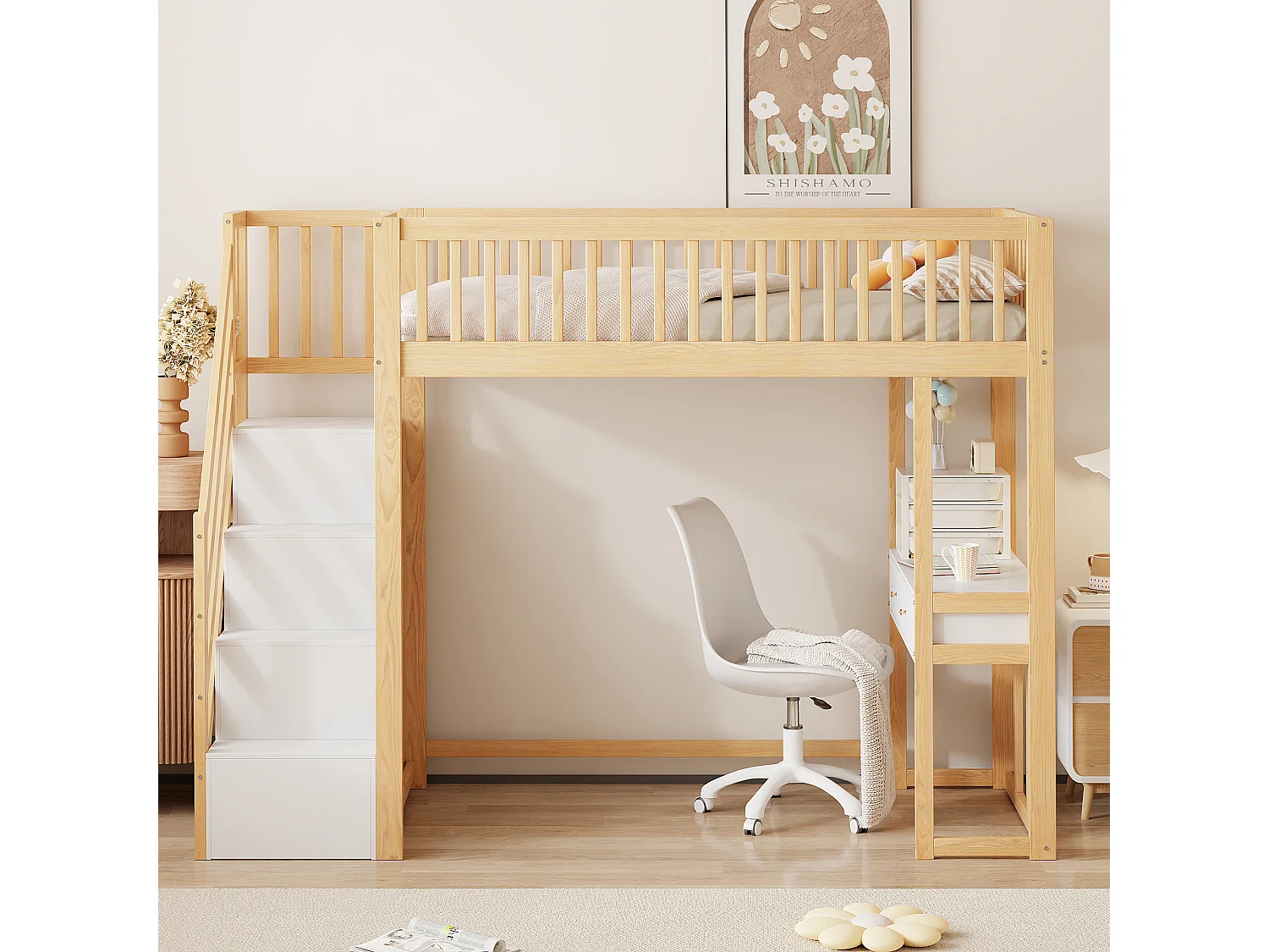 Houten tussenbed 90x200cm - met tafel en opbergtrap - Naturel & Wit