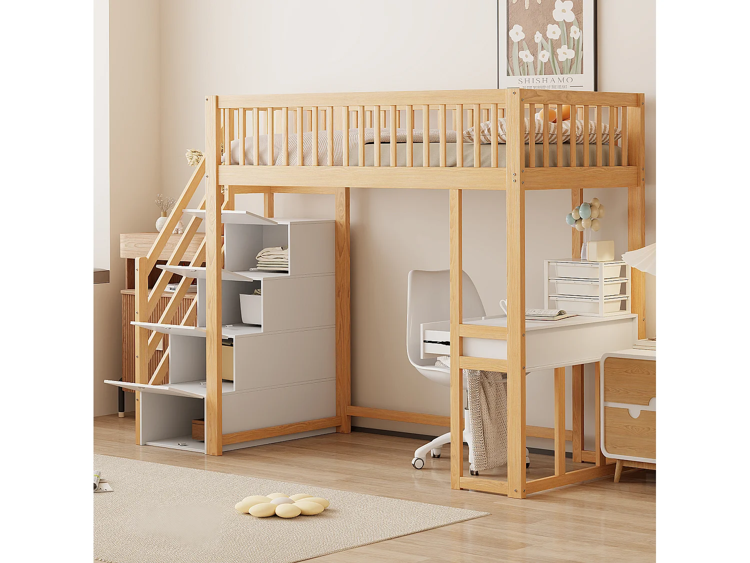 Houten tussenbed 90x200cm - met tafel en opbergtrap - Naturel & Wit