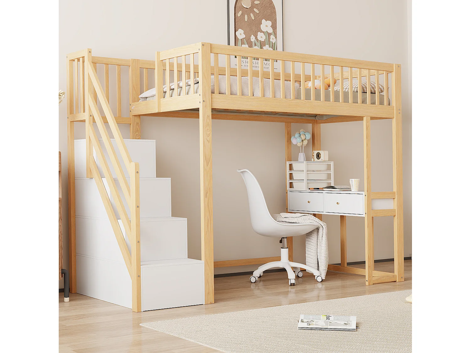 Houten tussenbed 90x200cm - met tafel en opbergtrap - Naturel & Wit