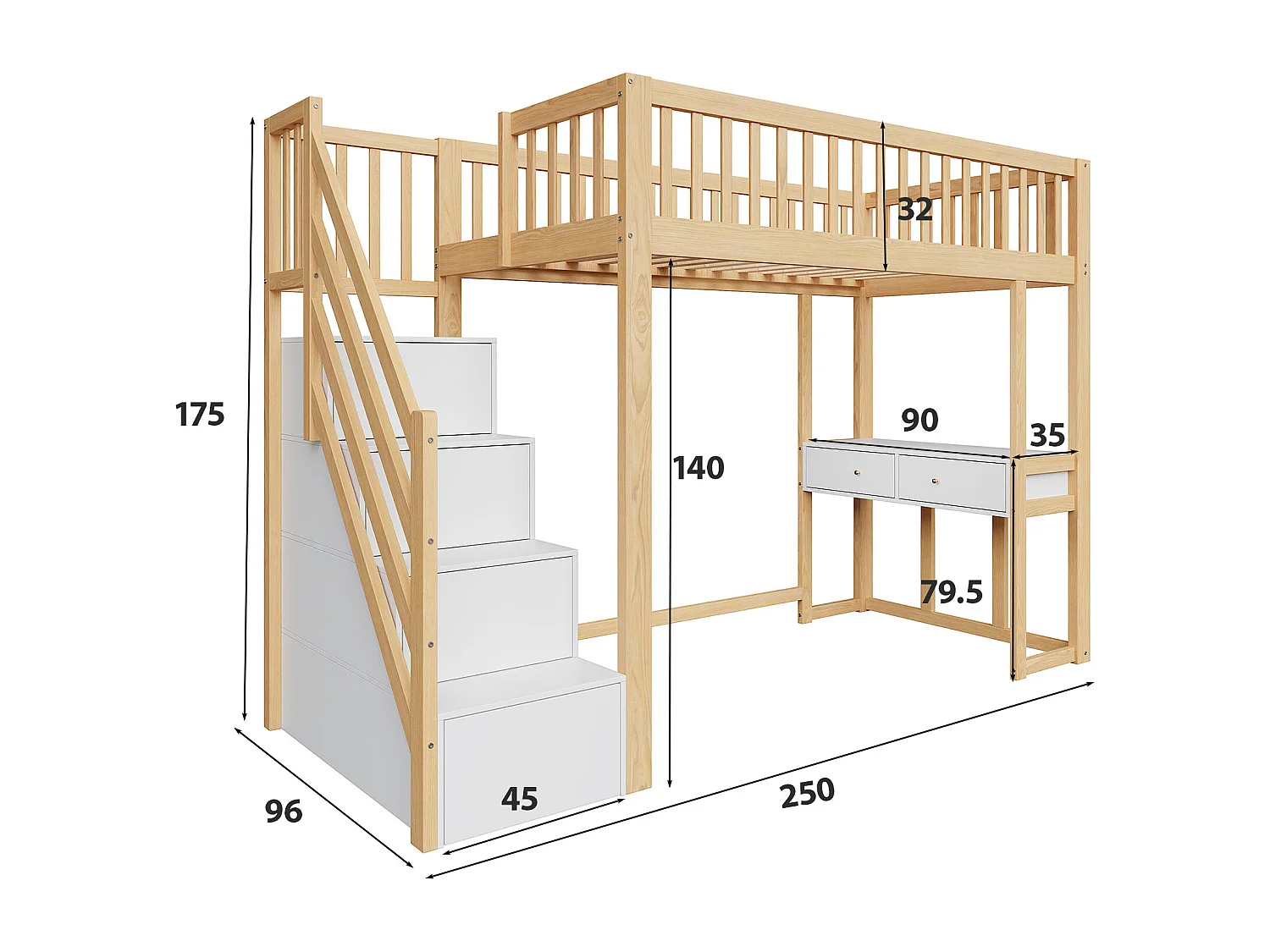 Houten tussenbed 90x200cm - met tafel en opbergtrap - Naturel & Wit