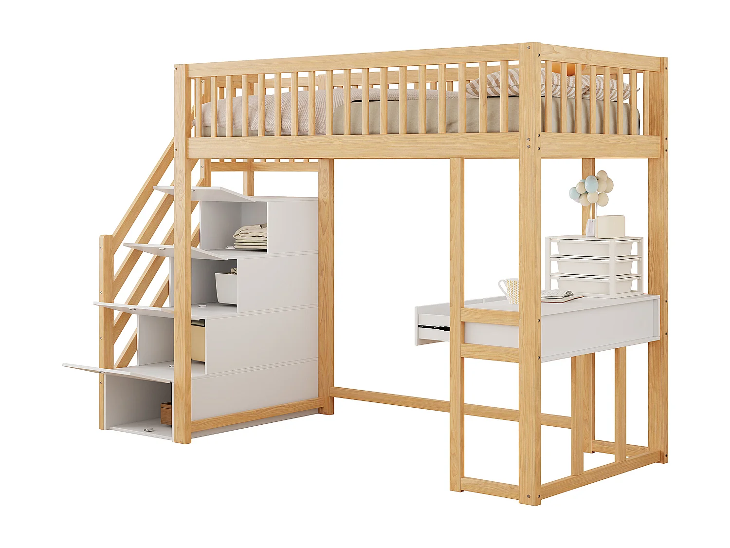 Houten tussenbed 90x200cm - met tafel en opbergtrap - Naturel & Wit