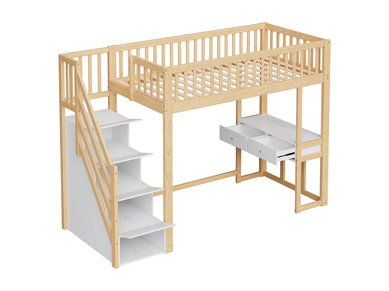 Houten tussenbed 90x200cm - met tafel en opbergtrap - Naturel & Wit