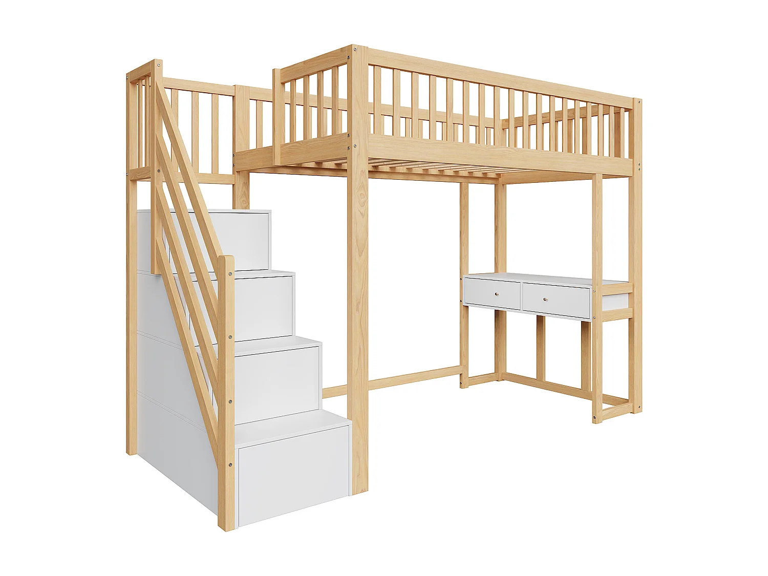 Houten tussenbed 90x200cm - met tafel en opbergtrap - Naturel & Wit