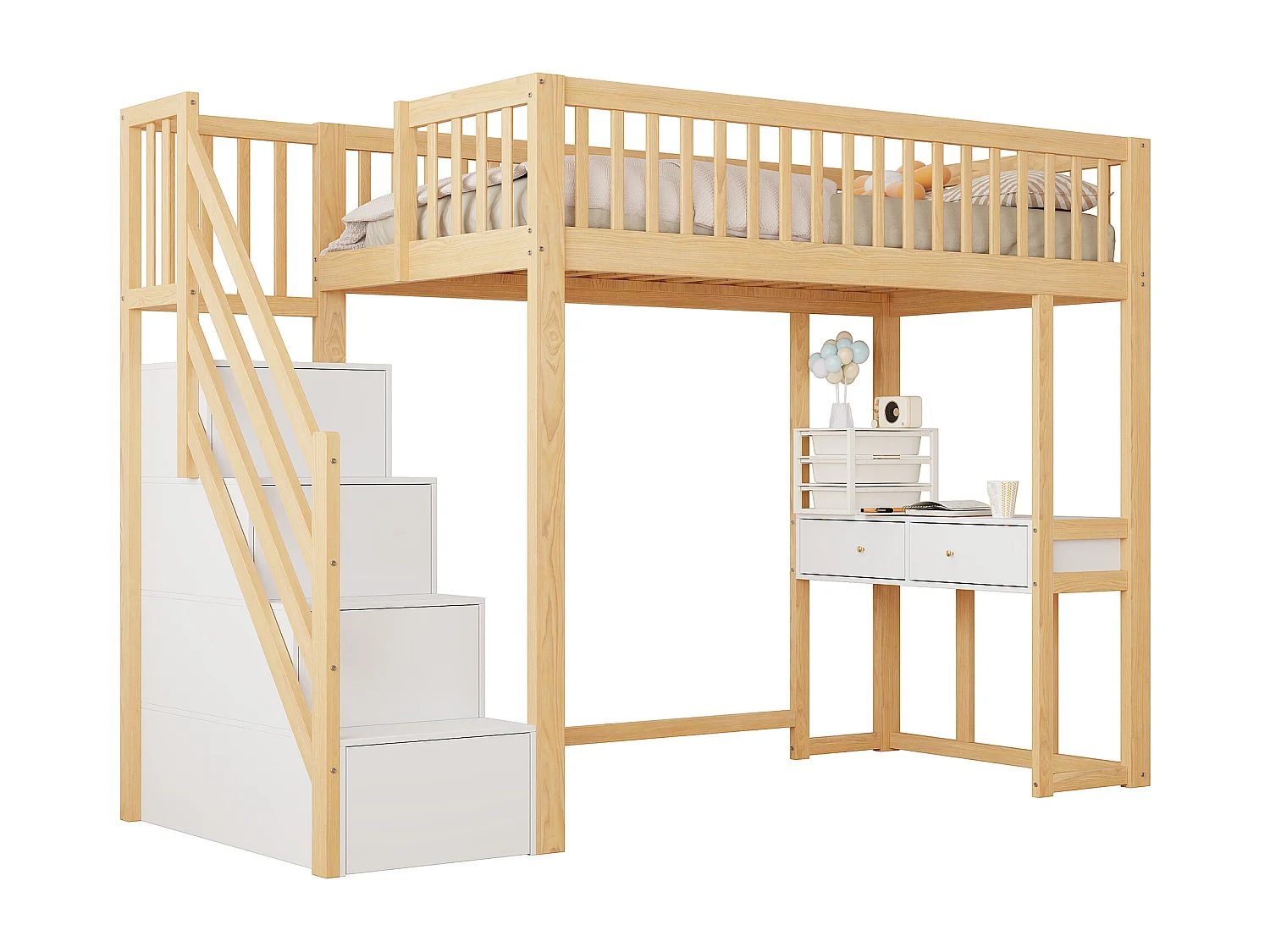 Houten tussenbed 90x200cm - met tafel en opbergtrap - Naturel & Wit