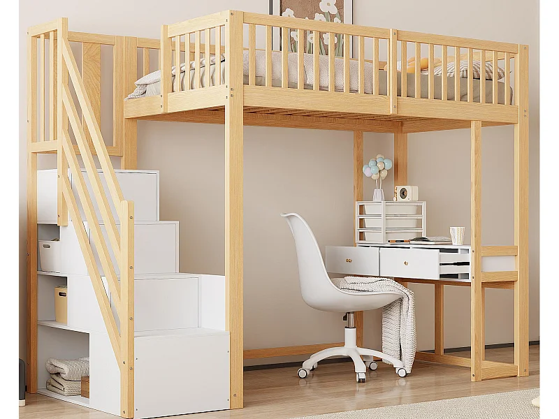 Hochbett aus Holz, 90 x 200 cm – mit Tisch und Stauraumtreppe – Natur und Weiß