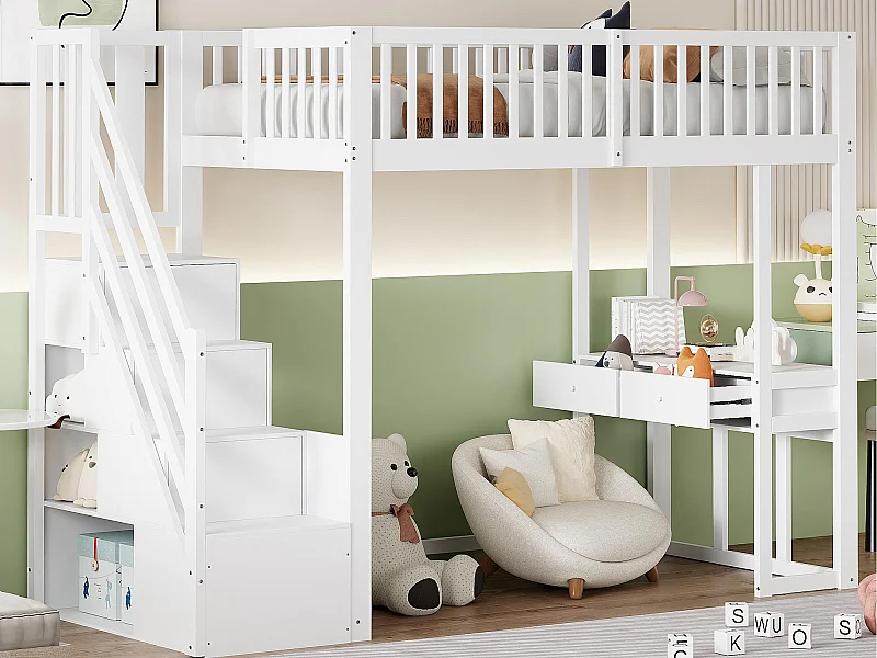 Lit mezzanine 90x200cm en bois - avec table et escalier de rangement - Blanc