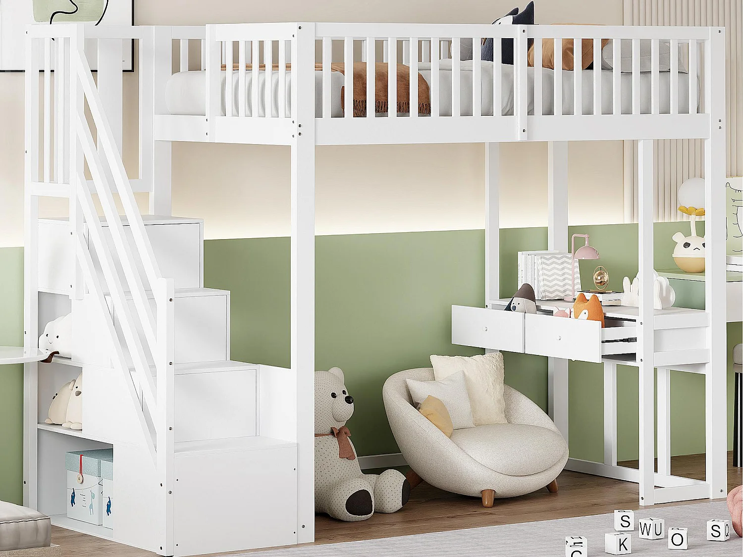 Letto soppalco in legno 90x200 cm - con tavolo e scala portaoggetti - Bianco