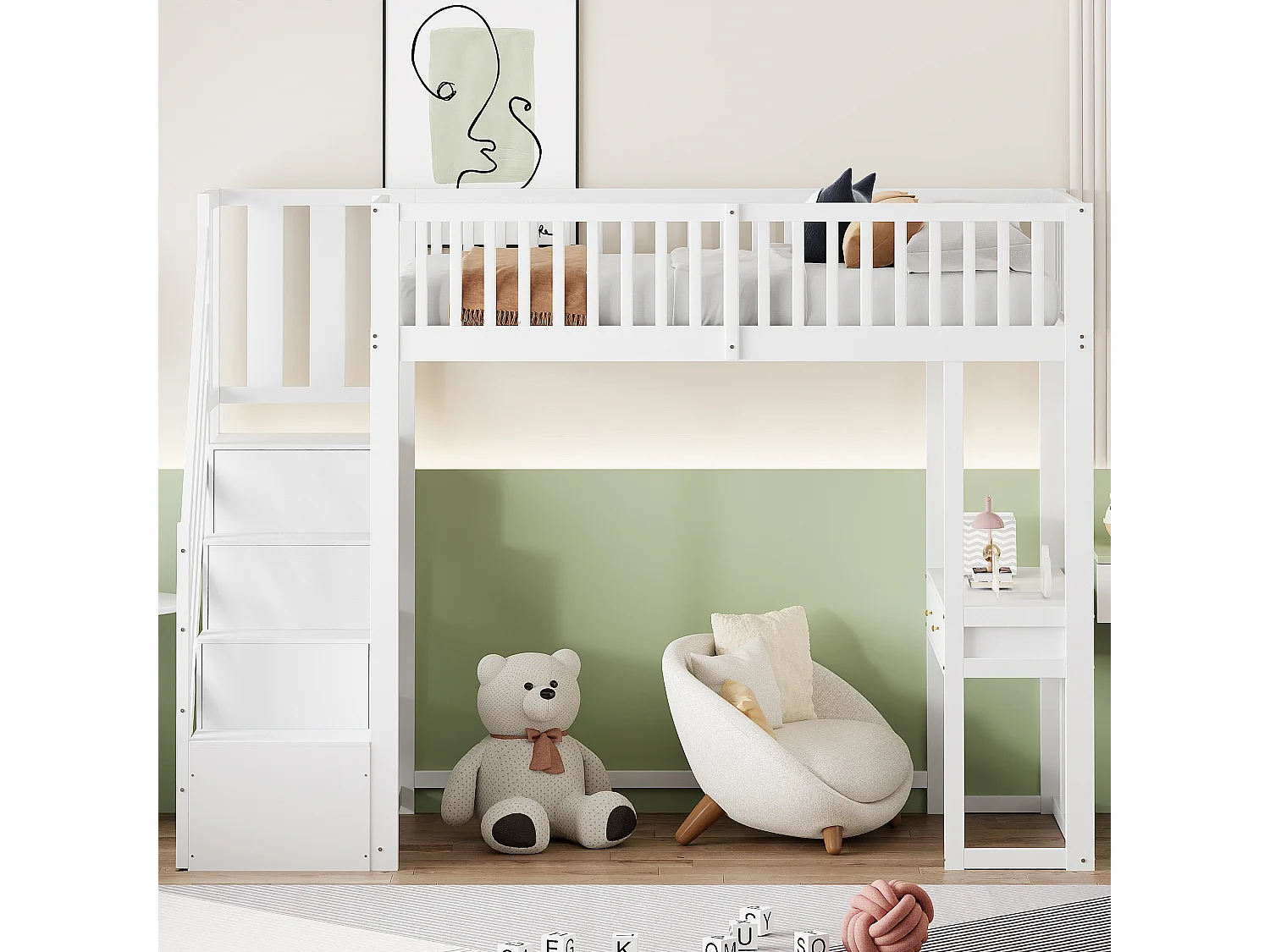 Letto soppalco in legno 90x200 cm - con tavolo e scala portaoggetti - Bianco