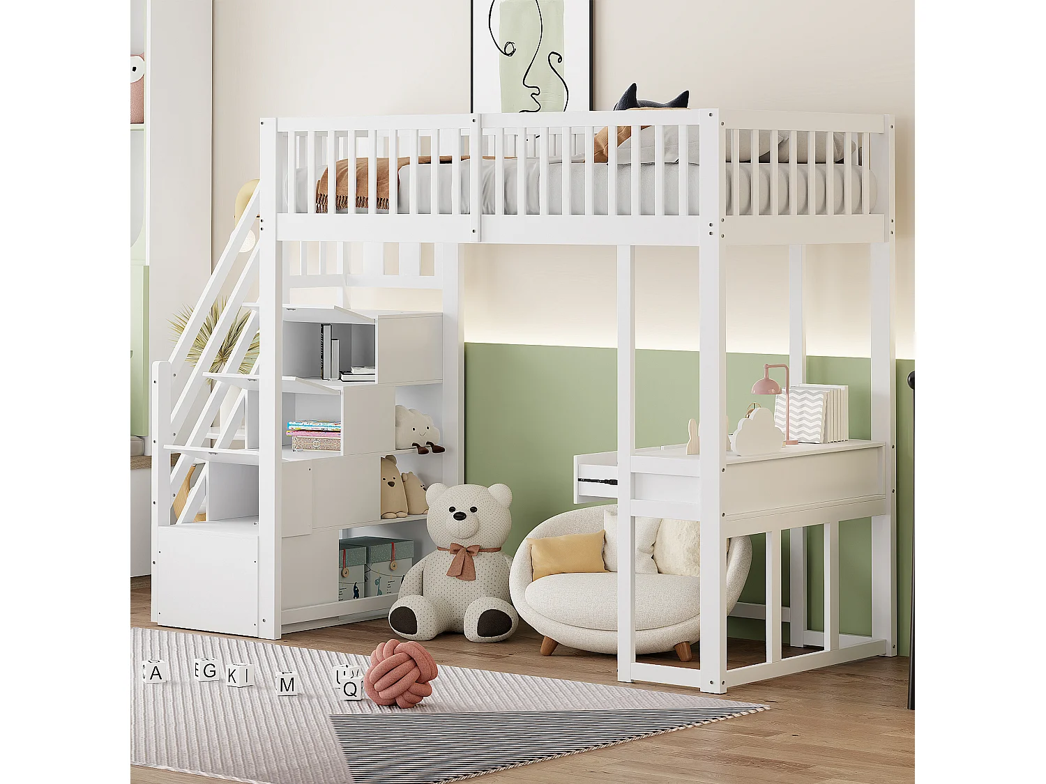 Letto soppalco in legno 90x200 cm - con tavolo e scala portaoggetti - Bianco