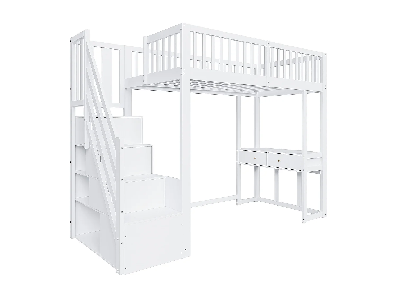 Letto soppalco in legno 90x200 cm - con tavolo e scala portaoggetti - Bianco