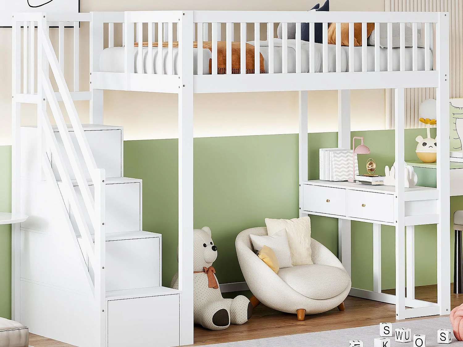 90 x 200 cm großes Hochbett aus Holz – mit Tisch und Stauraumtreppe – Weiß