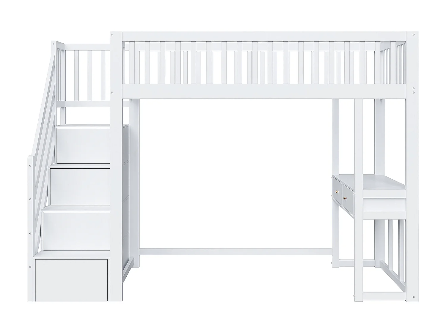 90 x 200 cm großes Hochbett aus Holz – mit Tisch und Stauraumtreppe – Weiß