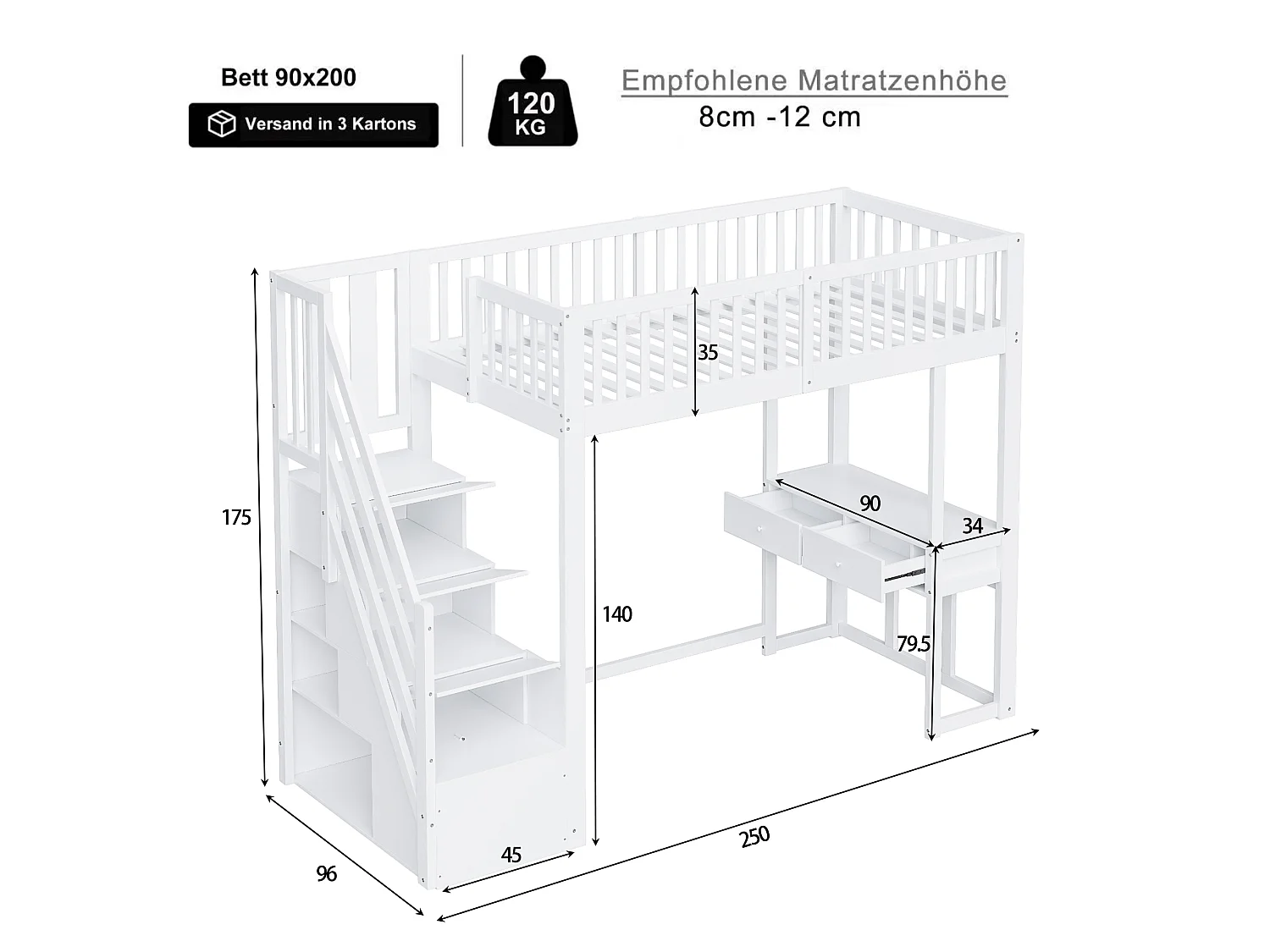 90 x 200 cm großes Hochbett aus Holz – mit Tisch und Stauraumtreppe – Weiß