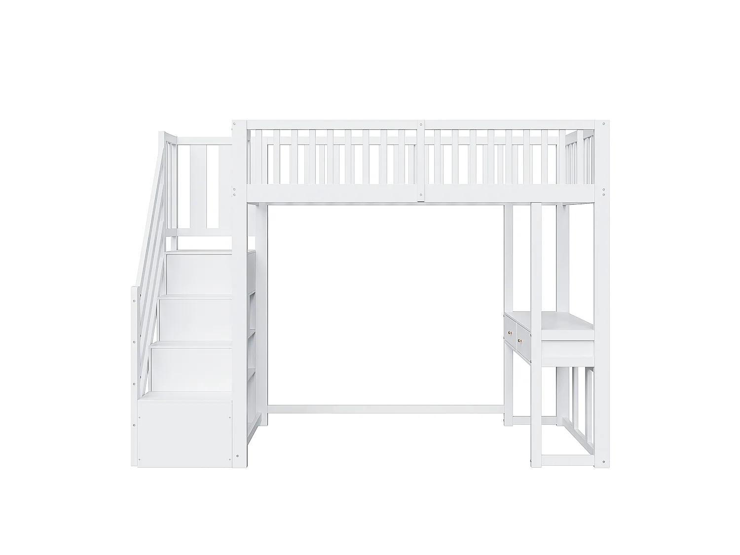 90 x 200 cm großes Hochbett aus Holz – mit Tisch und Stauraumtreppe – Weiß