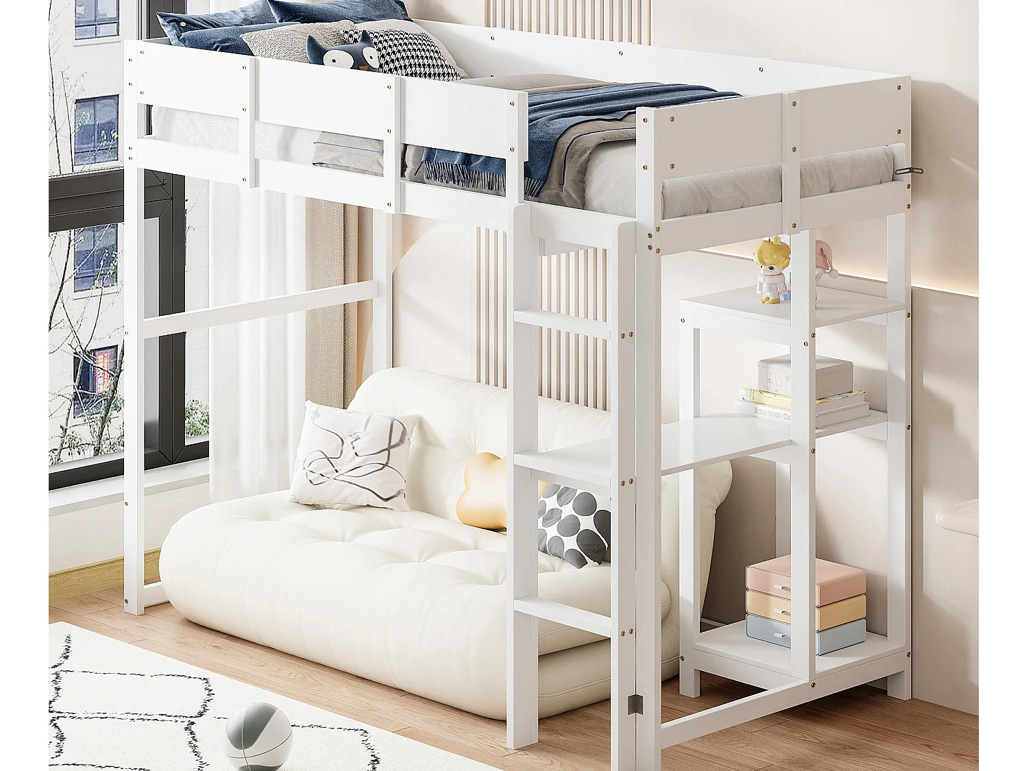 Lit mezzanine 90x200cm en bois - avec étagères et sommier à lattes - Blanc