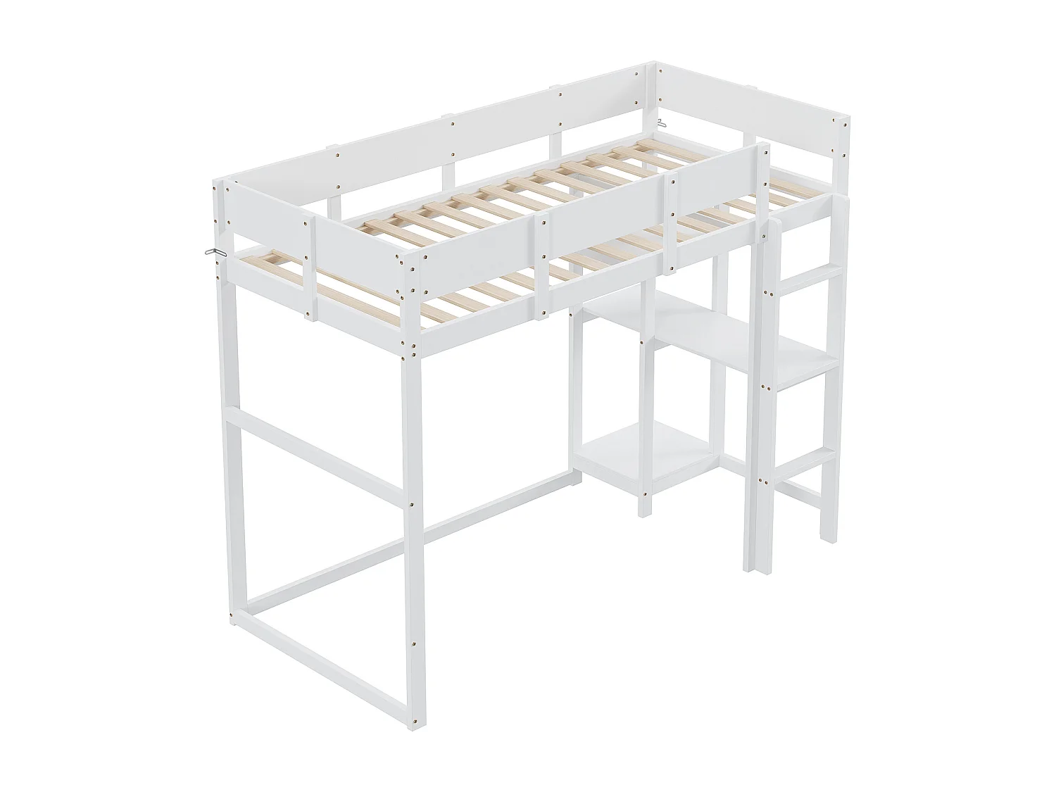 Lit mezzanine 90x200cm en bois - avec étagères et sommier à lattes - Blanc