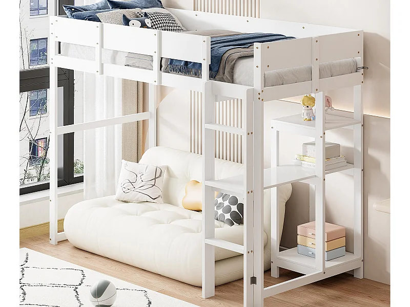 Cama altillo de madera 90x200 cm - con estantes y somier - Blanco