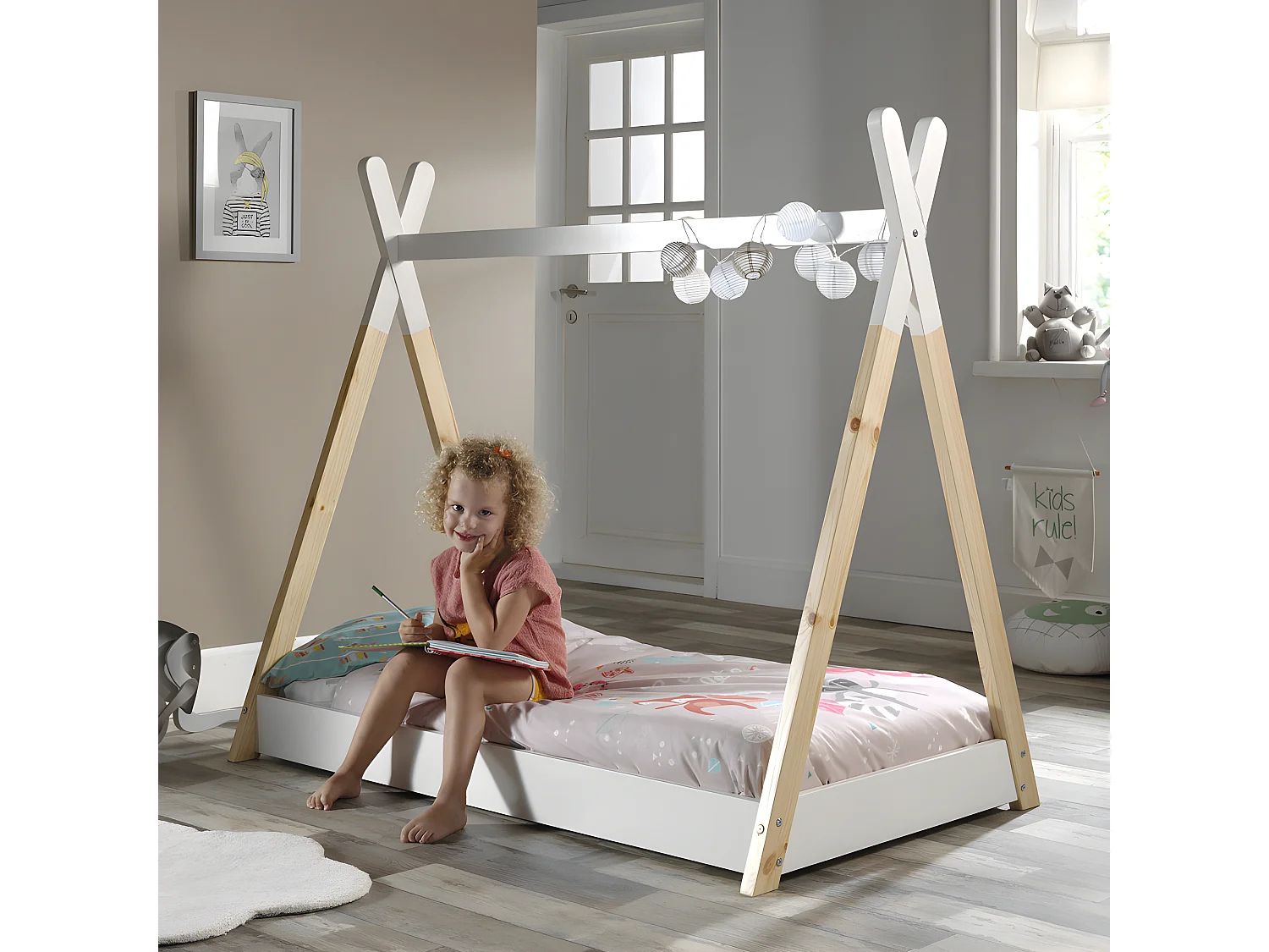 Dayi - Lit enfant cabane en bois 70x140cm - Blanc et bois clair
