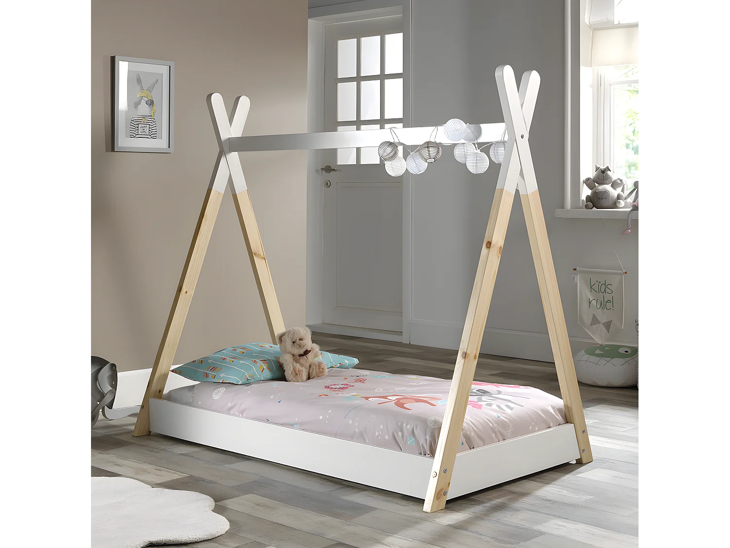 Dayi - Lit enfant cabane en bois 70x140cm - Blanc et bois clair