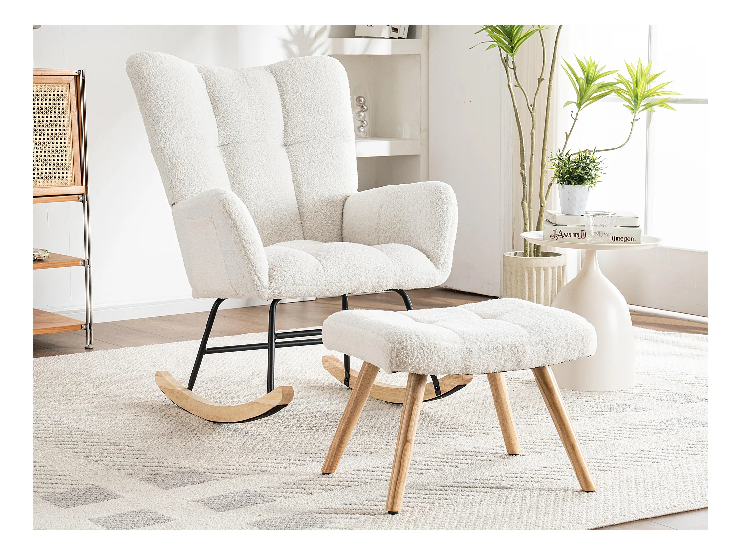 Fauteuil à bascule、Rocking chair en tissu bouclette - avec repose-pieds - Blanc