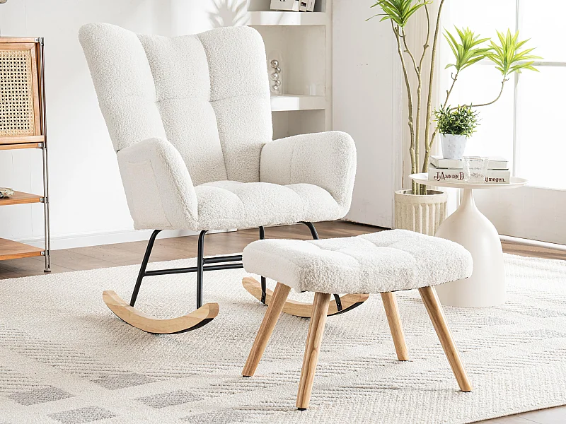 Fauteuil à bascule、Rocking chair en tissu bouclette - avec repose-pieds - Blanc