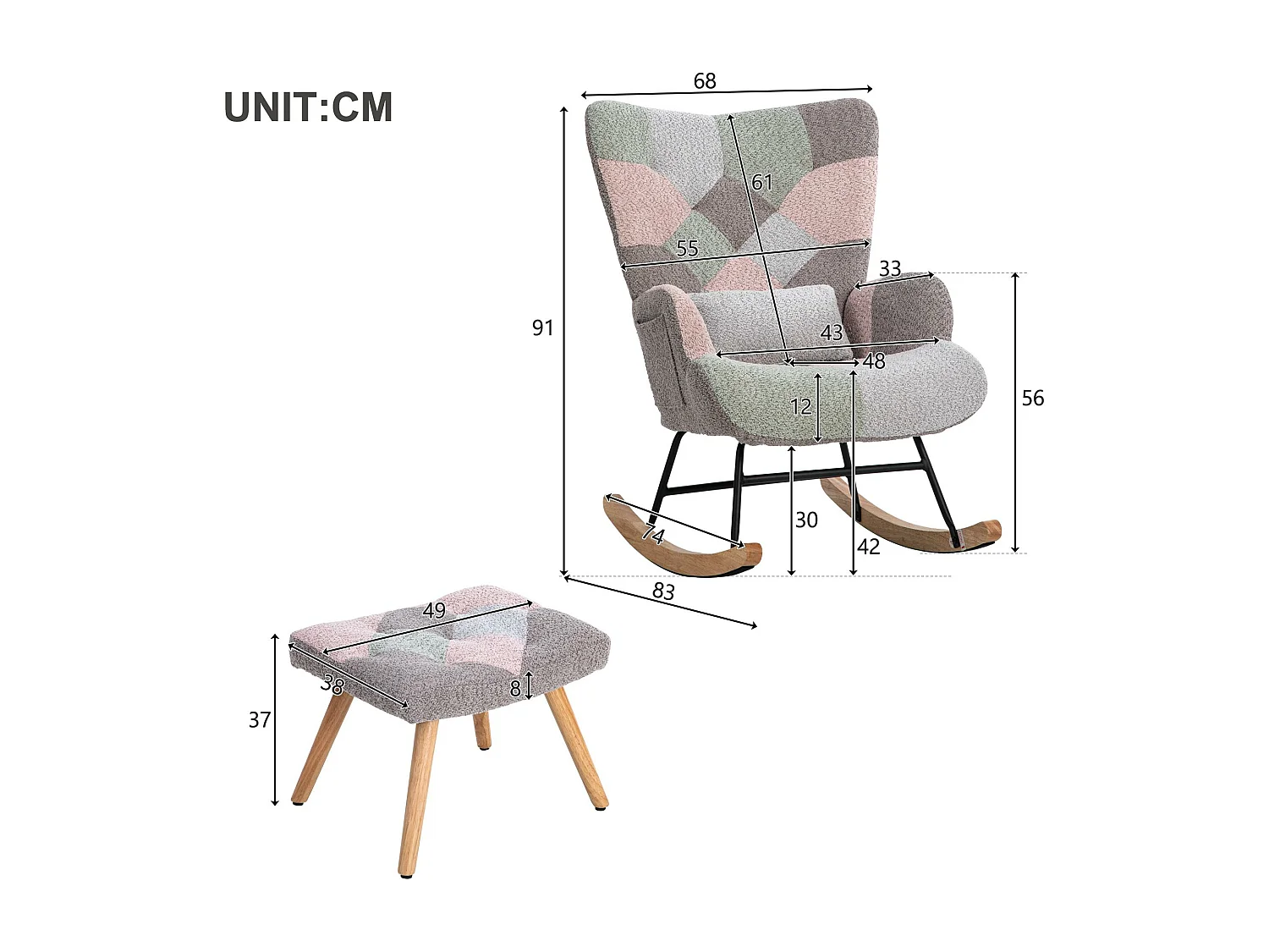 Fauteuil à bascule、Rocking chair en tissu bouclette - avec coussin lombaire et repose-pieds - Multicolore
