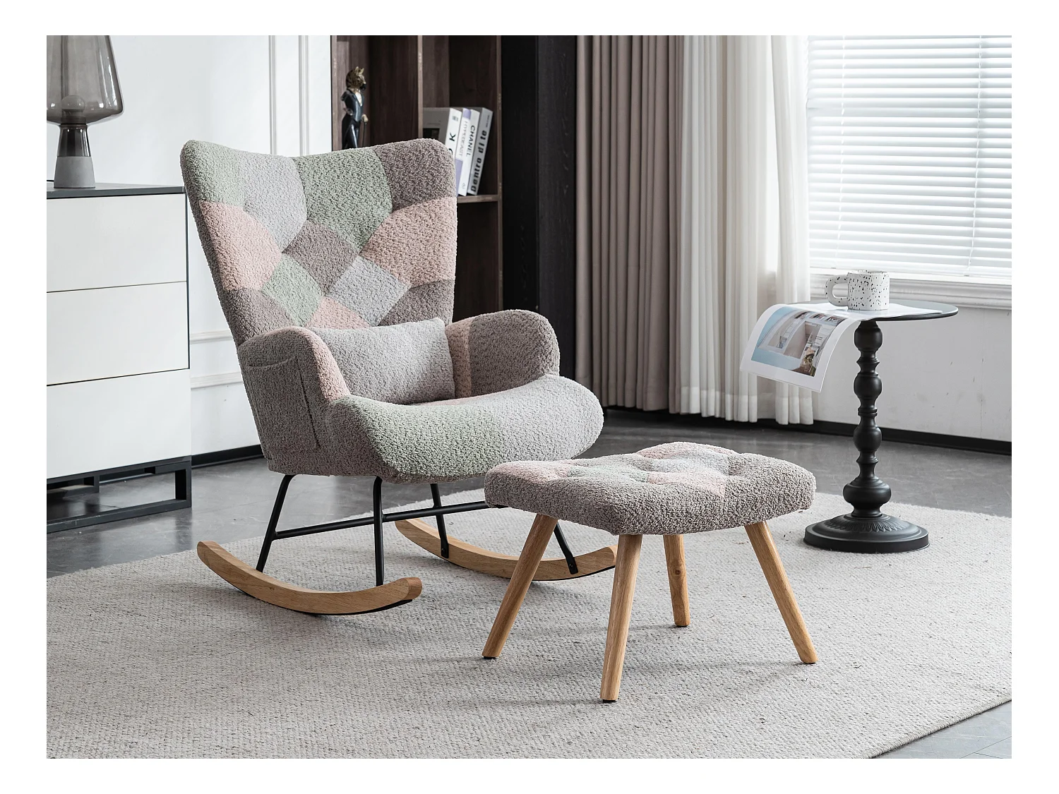 Fauteuil à bascule、Rocking chair en tissu bouclette - avec coussin lombaire et repose-pieds - Multicolore