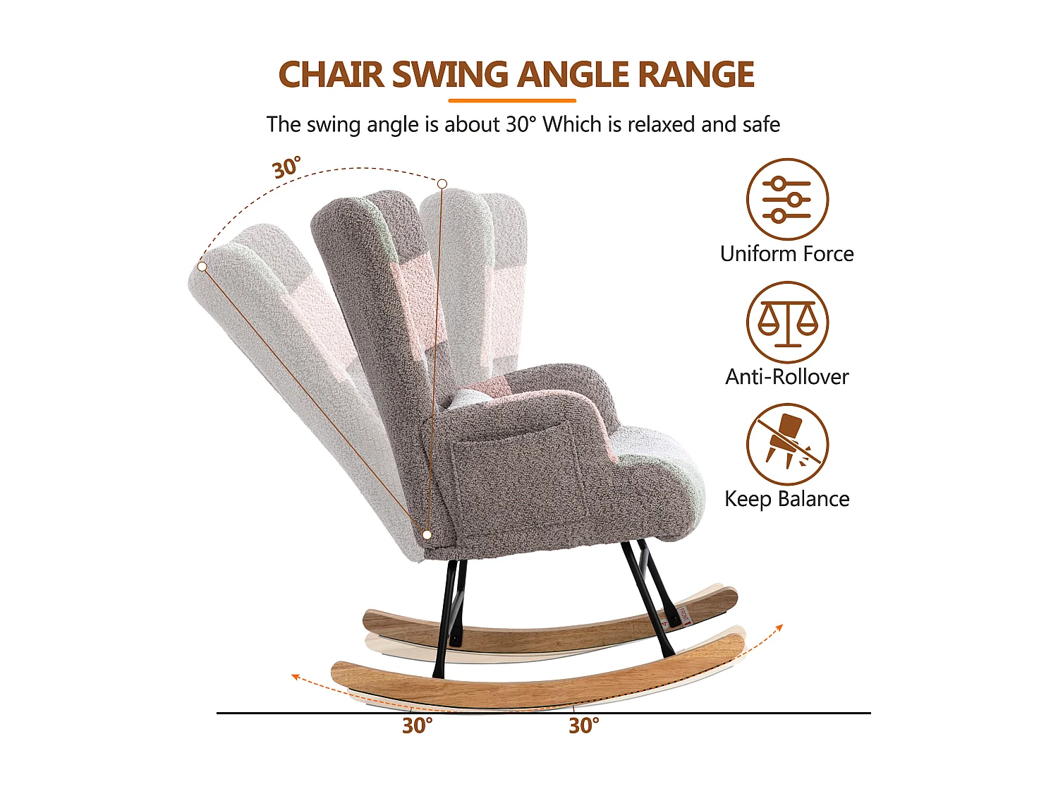 Fauteuil à bascule、Rocking chair en tissu bouclette - avec coussin lombaire et repose-pieds - Multicolore