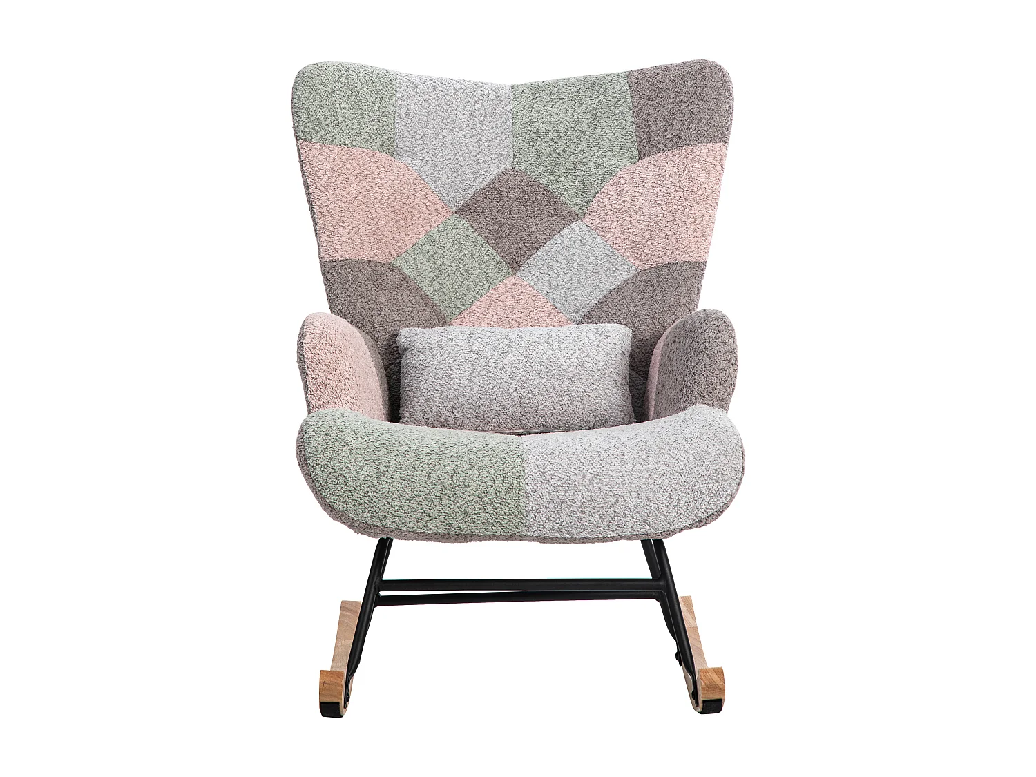 Fauteuil à bascule、Rocking chair en tissu bouclette - avec coussin lombaire et repose-pieds - Multicolore