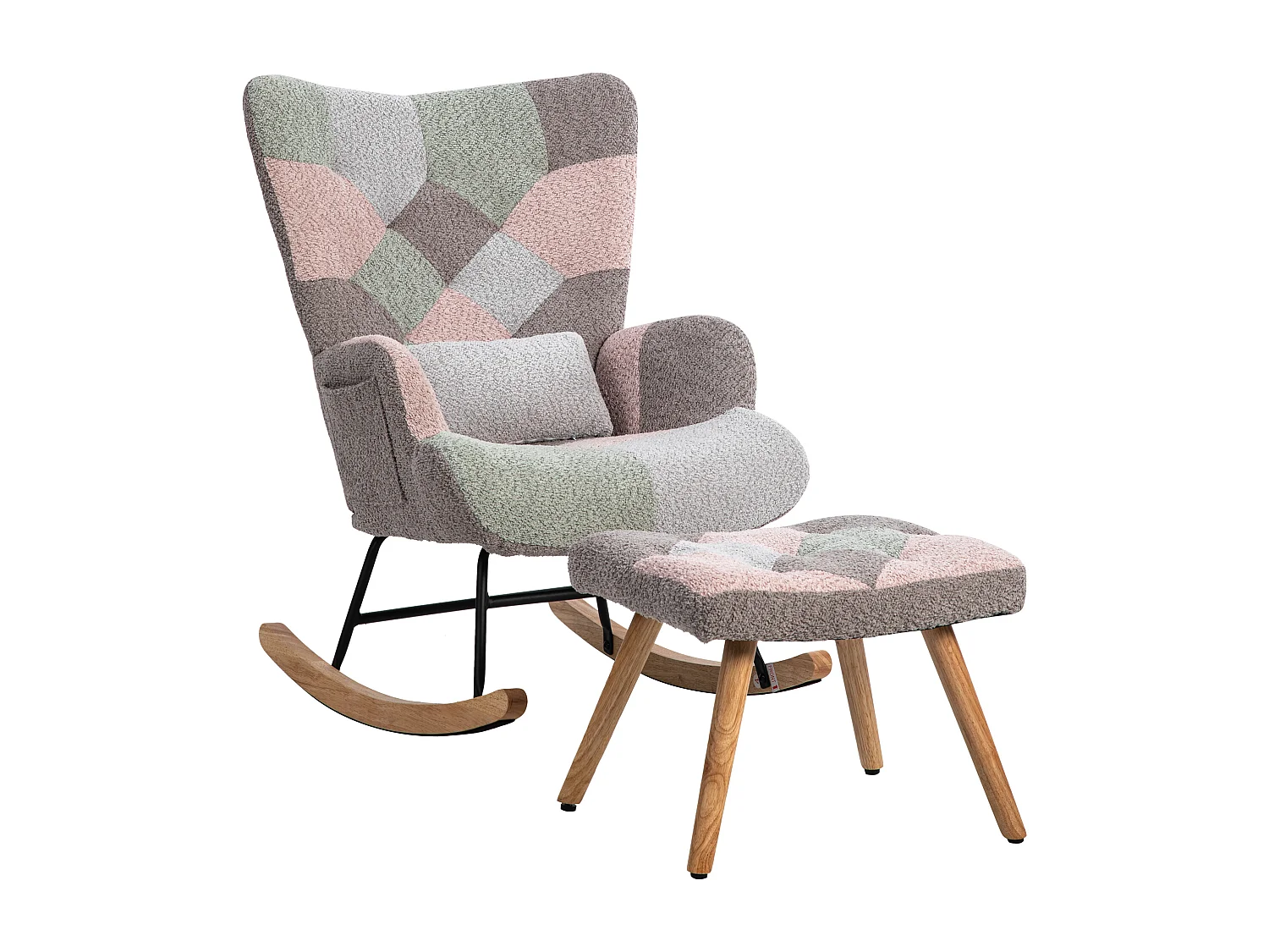Fauteuil à bascule、Rocking chair en tissu bouclette - avec coussin lombaire et repose-pieds - Multicolore