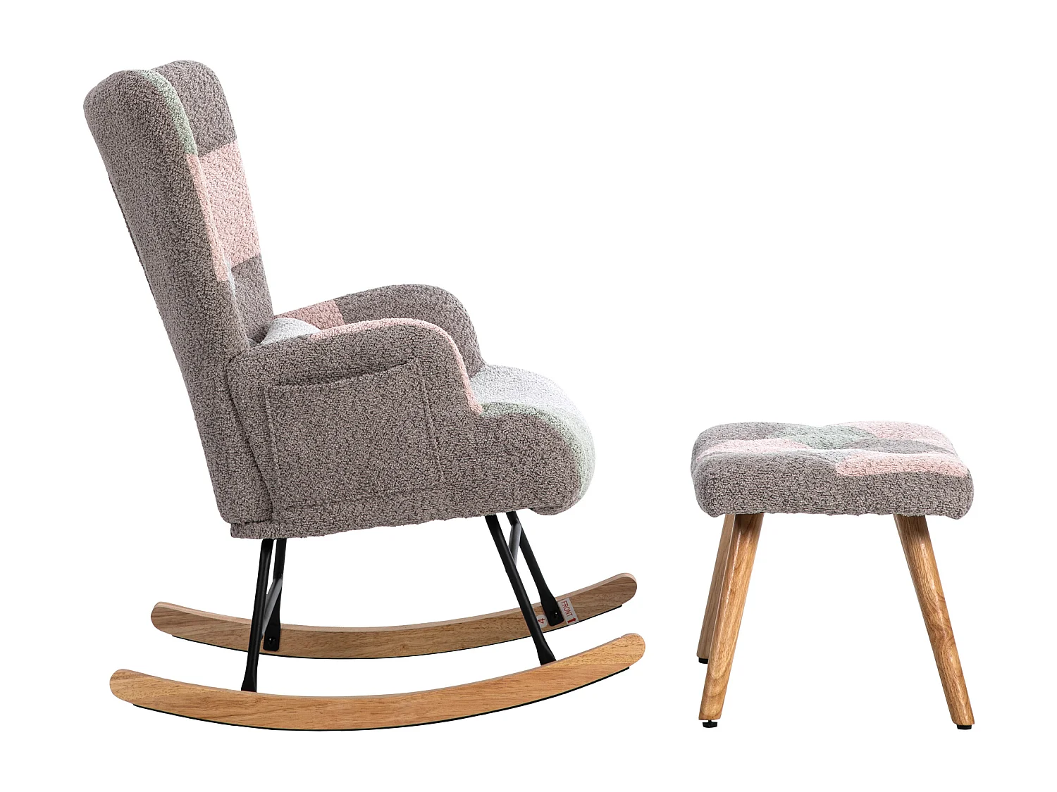 Fauteuil à bascule、Rocking chair en tissu bouclette - avec coussin lombaire et repose-pieds - Multicolore