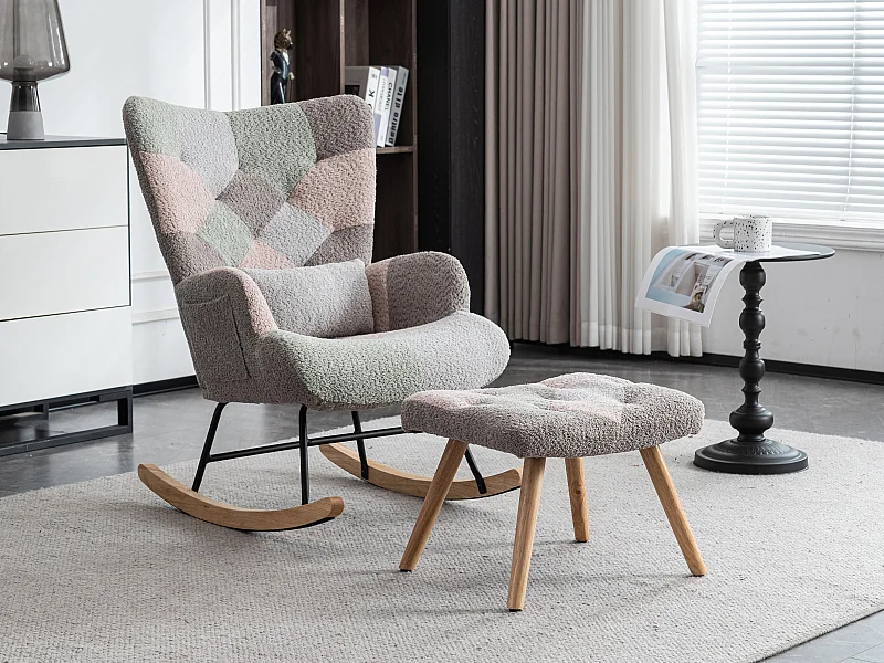 Fauteuil à bascule、Rocking chair en tissu bouclette - avec coussin lombaire et repose-pieds - Multicolore