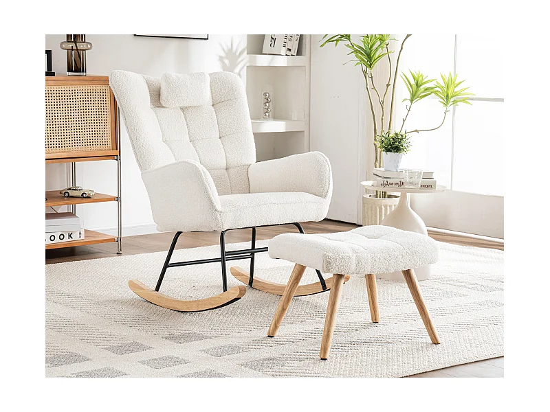 Fauteuil à bascule、Rocking chair en tissu bouclette - avec oreiller et repose-pieds - Blanc