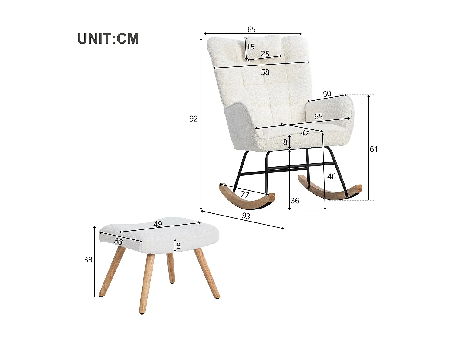 Schaukelstuhl, Schaukelstuhl aus French-Terry-Stoff – mit Kissen und Fußstütze – Weiß