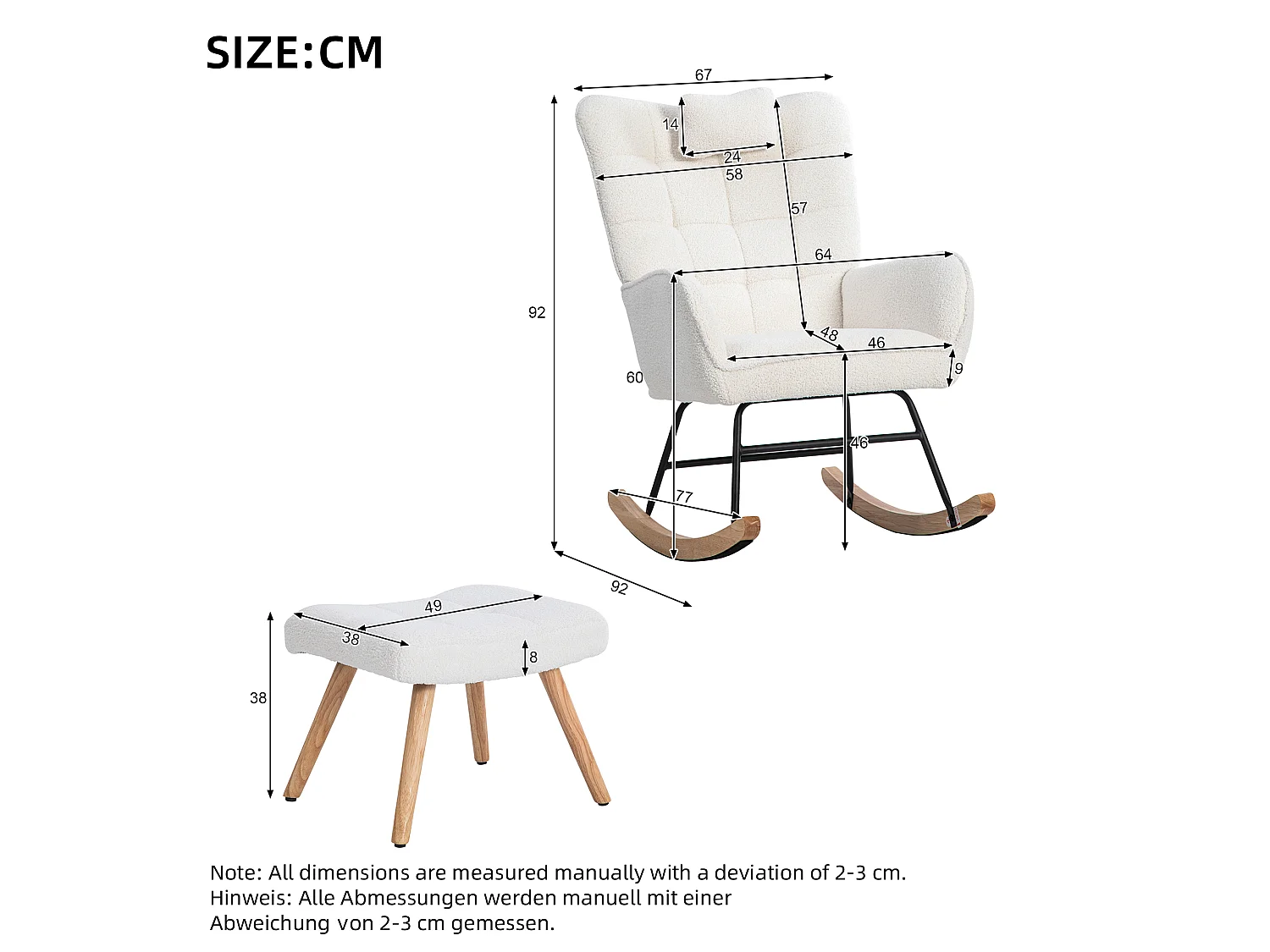 Fauteuil à bascule、Rocking chair en tissu bouclette - avec oreiller et repose-pieds - Blanc