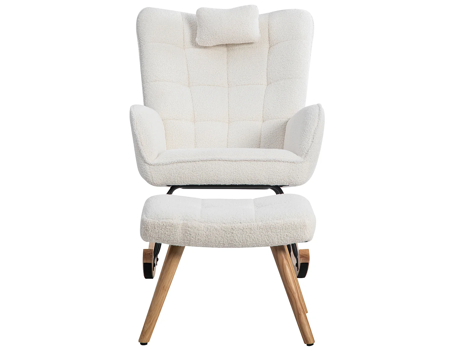 Fauteuil à bascule、Rocking chair en tissu bouclette - avec oreiller et repose-pieds - Blanc