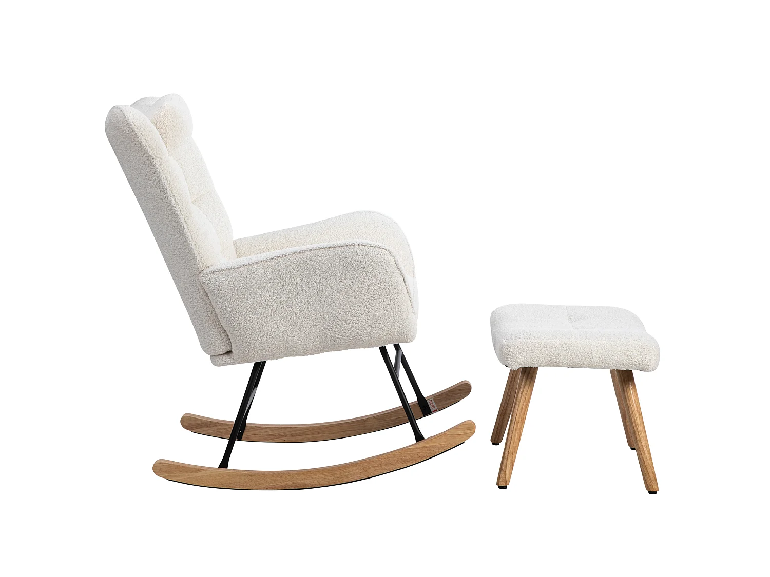 Fauteuil à bascule、Rocking chair en tissu bouclette - avec oreiller et repose-pieds - Blanc