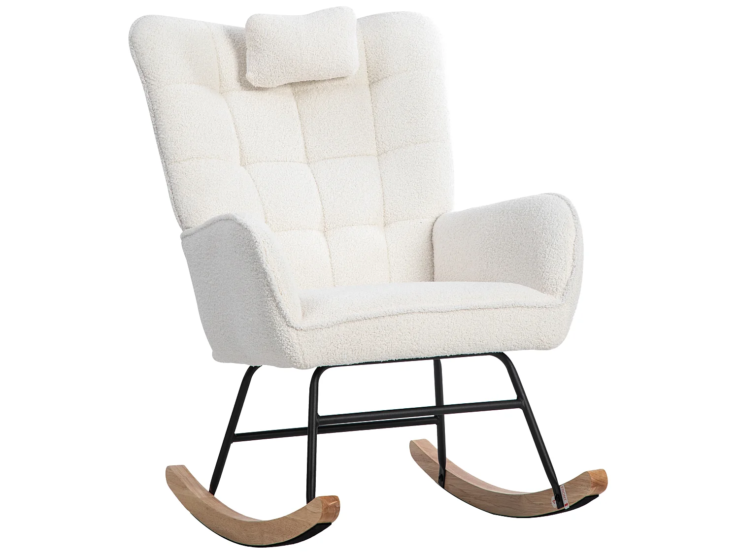 Fauteuil à bascule、Rocking chair en tissu bouclette - avec oreiller et repose-pieds - Blanc
