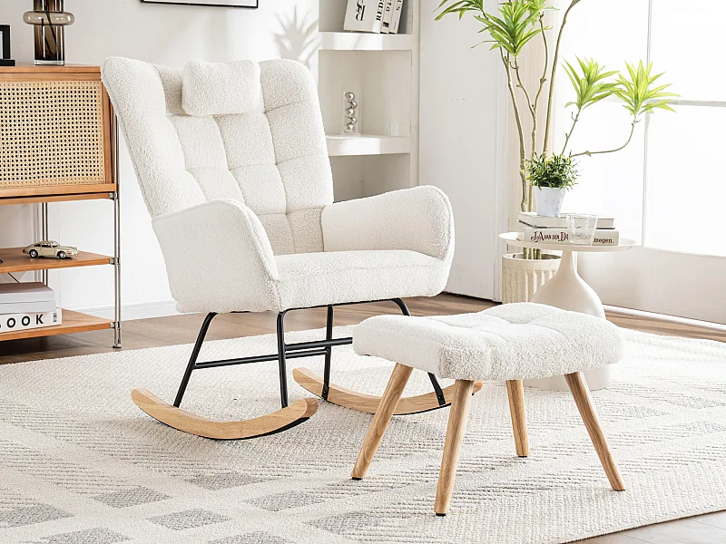 Fauteuil à bascule、Rocking chair en tissu bouclette - avec oreiller et repose-pieds - Blanc
